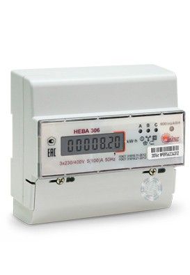 Счетчик трехфазный 5-100А НЕВА 306 1S0 230V  к.т. 1.0, однотарифный электр. ЖКИ